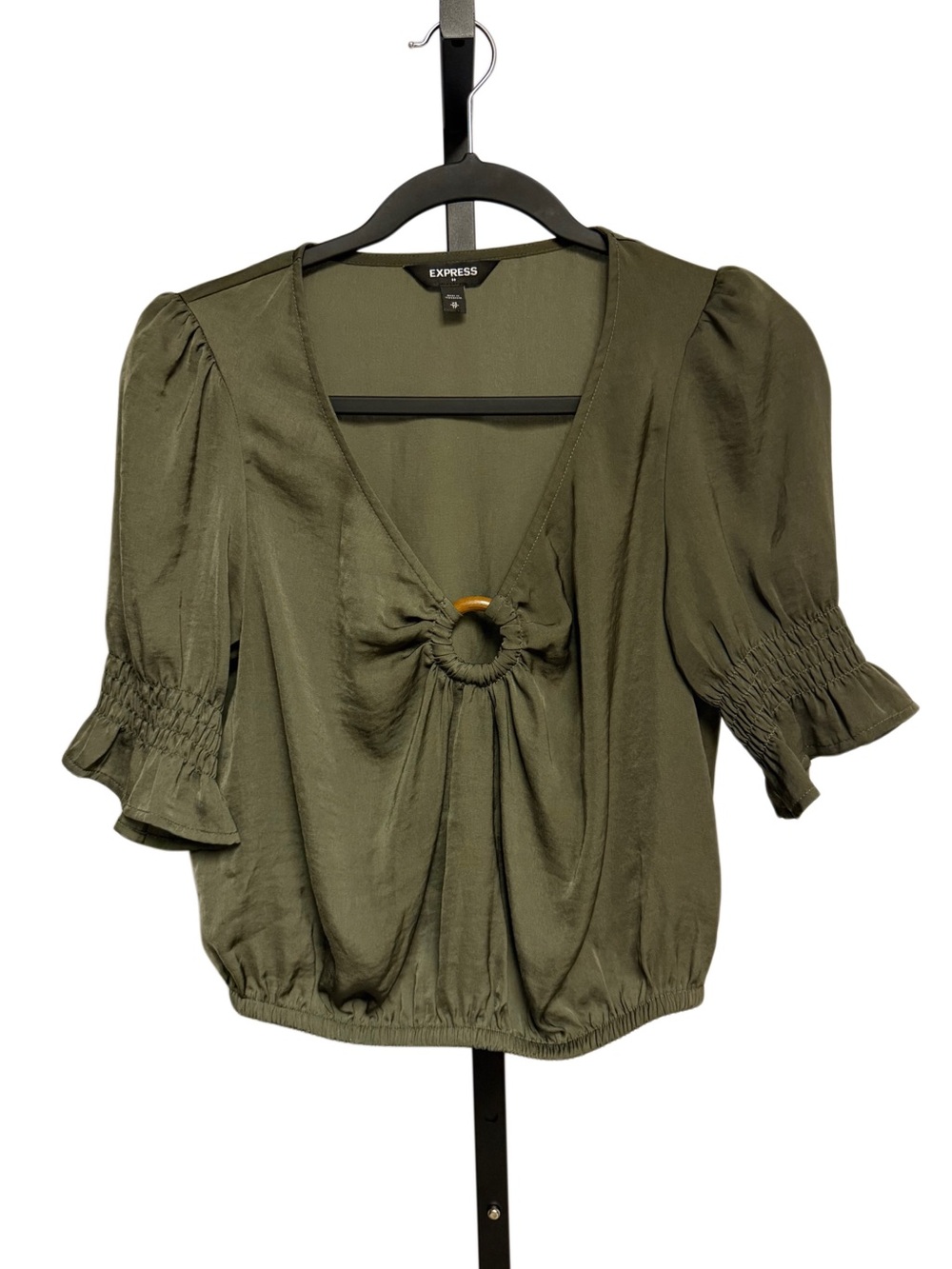 Express Olive V-Neck Ring-Front Puff Sleeve Top Womens Size XS Coastal Boho